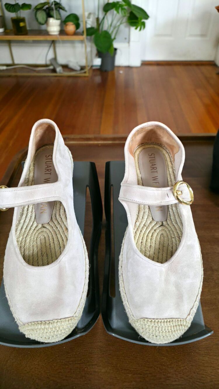 Boho Stuart Weitzman Beige Suede Mary Jane Espadrille Flats Round Toe Buckle 7.5